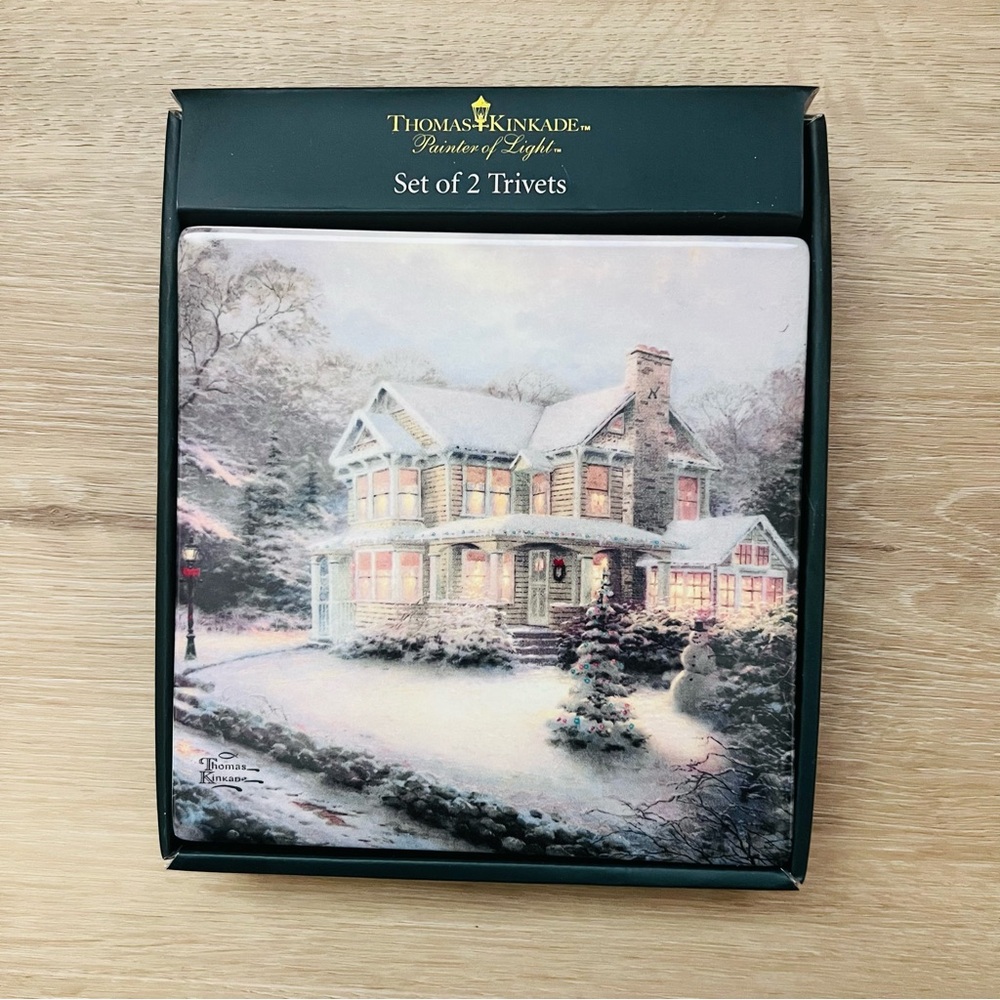 Thomas Kinkade Set of 2 Trivets Victorian Christmas & Deer Creek Cottage